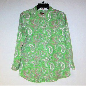 Talbots Wrinkle Resistant Green Pink Paisley Button-Up Blouse Size 14 Beautiful!